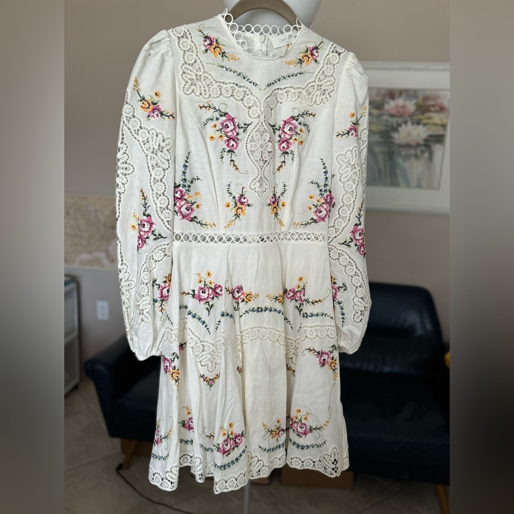 ZIMMERMANN Allia cross-stitched linen+cotton blend mini dress Size US 4 NWT - Picture 3 of 16